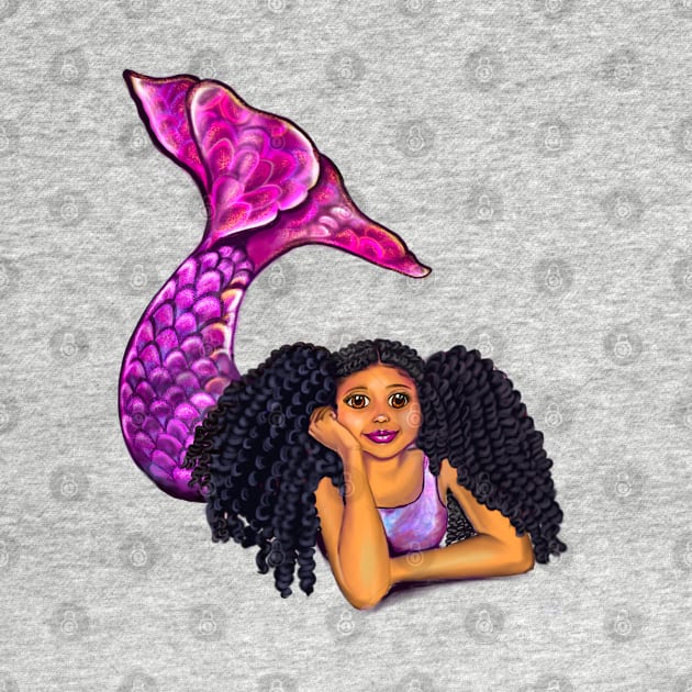 Magical rainbow mermaid lying on sand with brown eyes curly Afro hair and caramel skin, black mermaid by Artonmytee